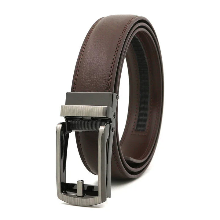 brown leather men's belt with silver metal automatic buckle on white background