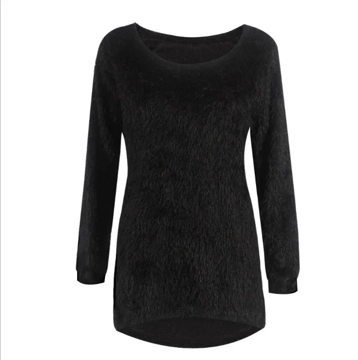 Black fuzzy long sleeve women's sweater with rounded neckline and curved hem