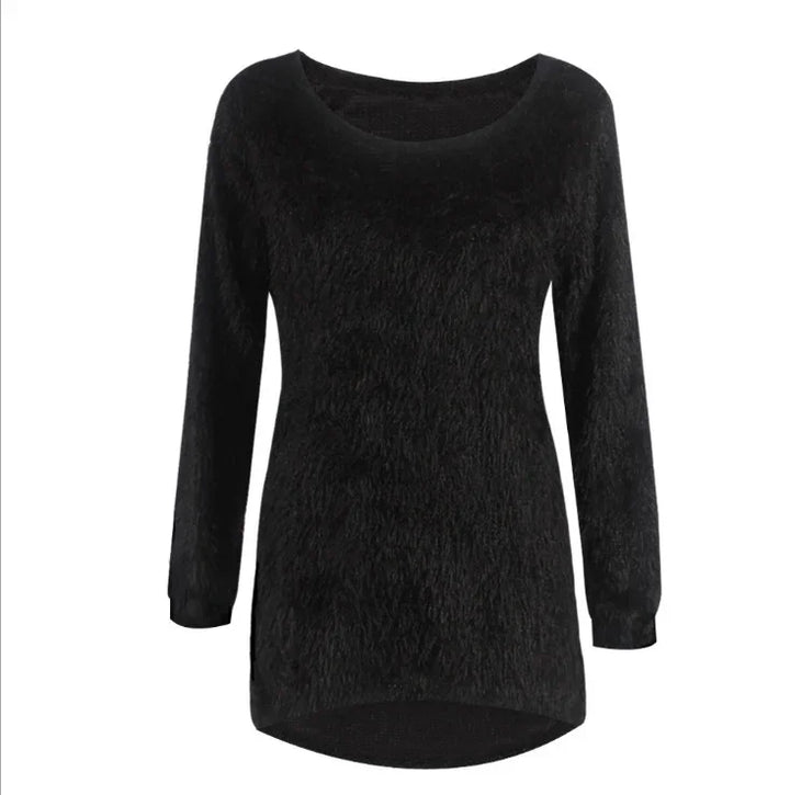 Black fuzzy long sleeve women's sweater with rounded neckline and curved hem