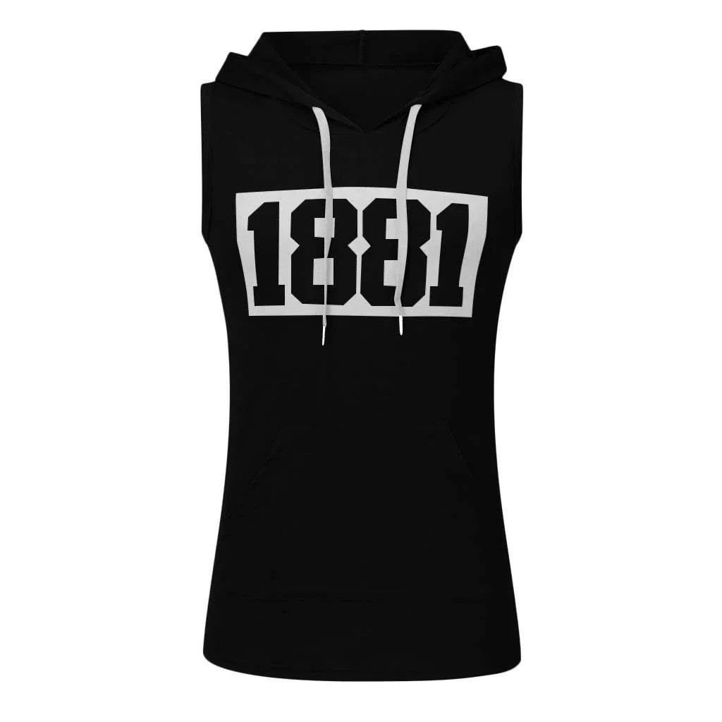 Black sleeveless hoodie with white drawstrings and bold white 1881 print on front