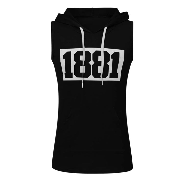 Black sleeveless hoodie with white drawstrings and bold white 1881 print on front