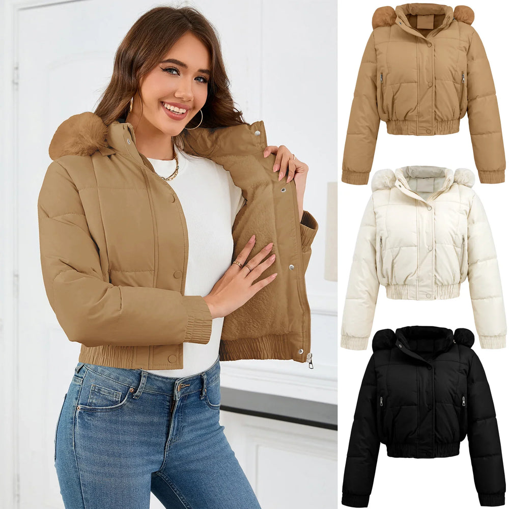 Woman wearing cropped puffer jacket with fur hood in beige, shown in beige, white, and black colors