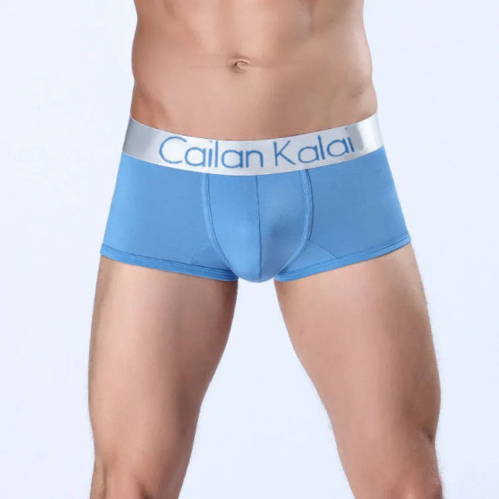 Men's blue boxer briefs with silver waistband labeled Cailan Kalai on model torso