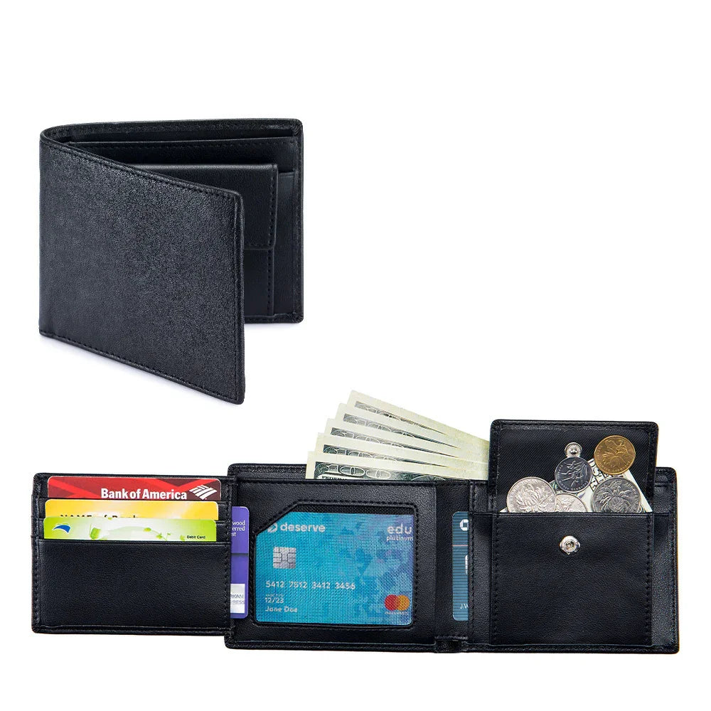 Black leather wallet with credit cards, cash bills, and coins on white background