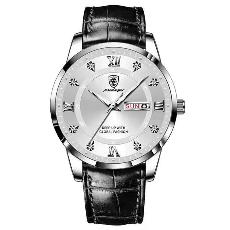 Silver analog Poedagar wristwatch with Roman numerals, black leather strap, and day-date display