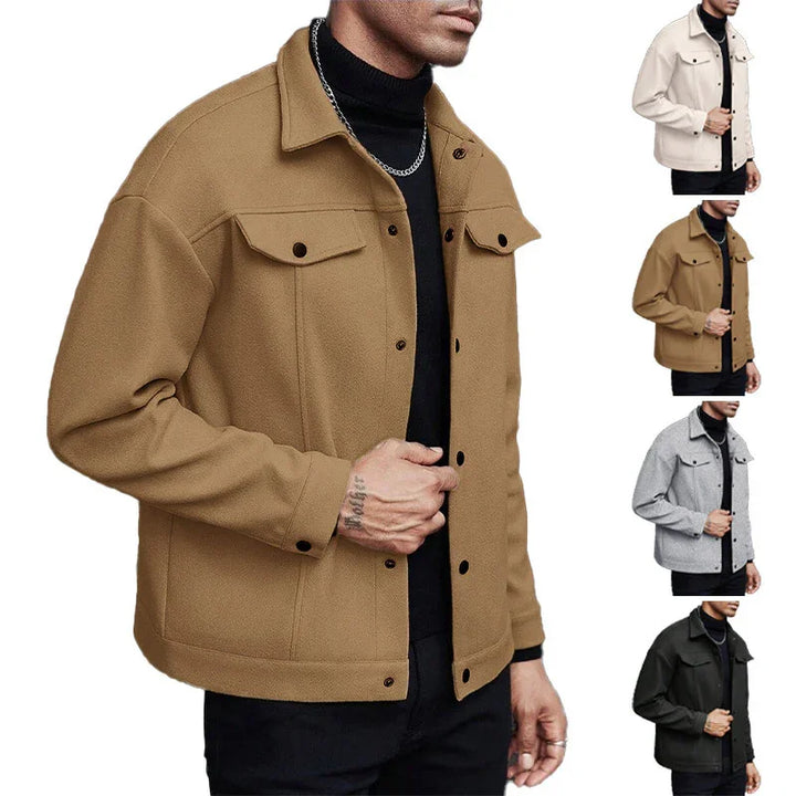 Men's wool blend button-up casual jacket in camel, beige, gray, and black, styled with black turtleneck and chain necklace