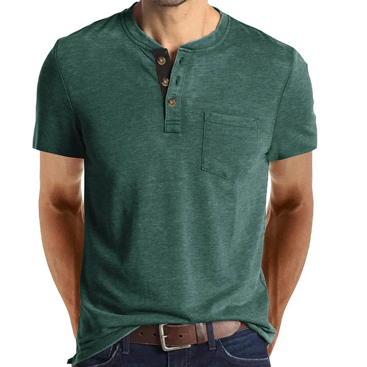 Men's green short sleeve henley shirt with chest pocket and brown button placket