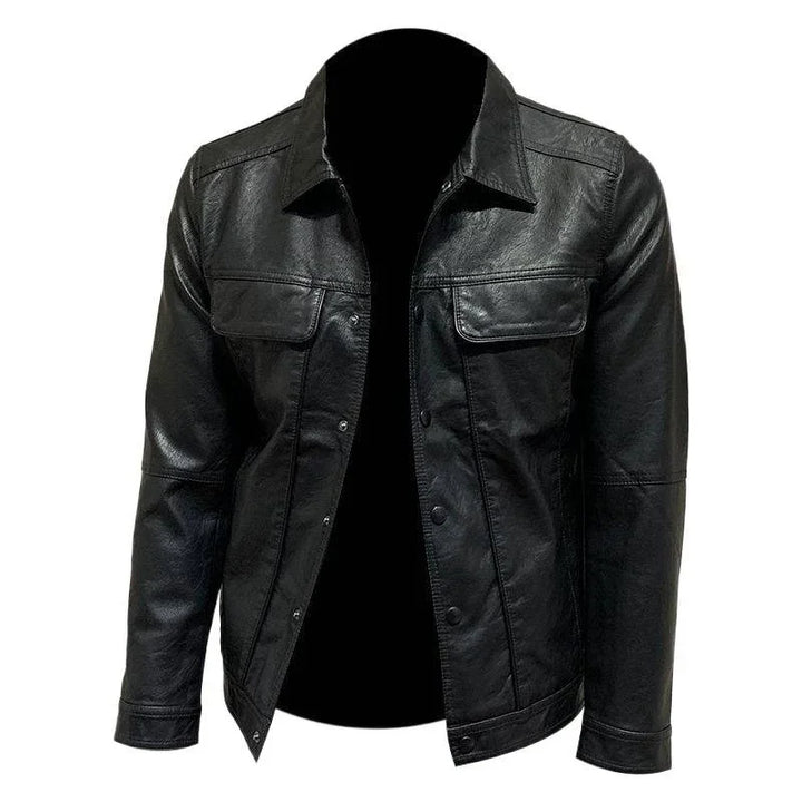 black leather jacket with button closure and chest flap pockets on white background