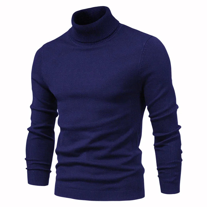 Men's navy blue turtleneck sweater with long sleeves and ribbed cuffs