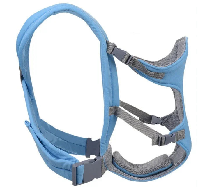 Light blue adjustable ergonomic baby carrier harness with gray padded straps and buckles