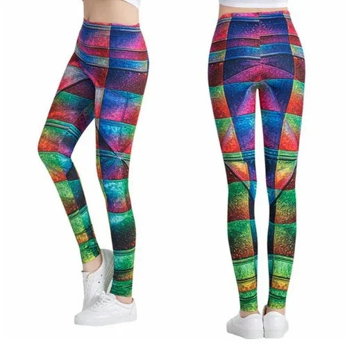 Colorful geometric pattern leggings with rainbow hues, worn with white sneakers, front and back view