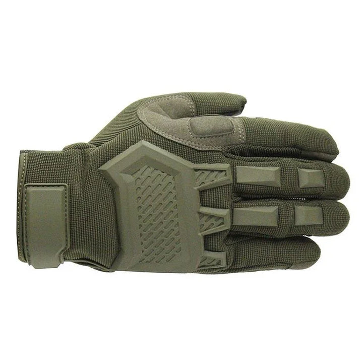 olive green tactical glove with padded knuckle protection and adjustable wrist strap