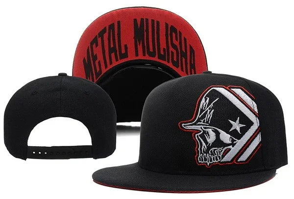 Black snapback hat with red brim underside featuring Metal Mulisha logo and skull design
