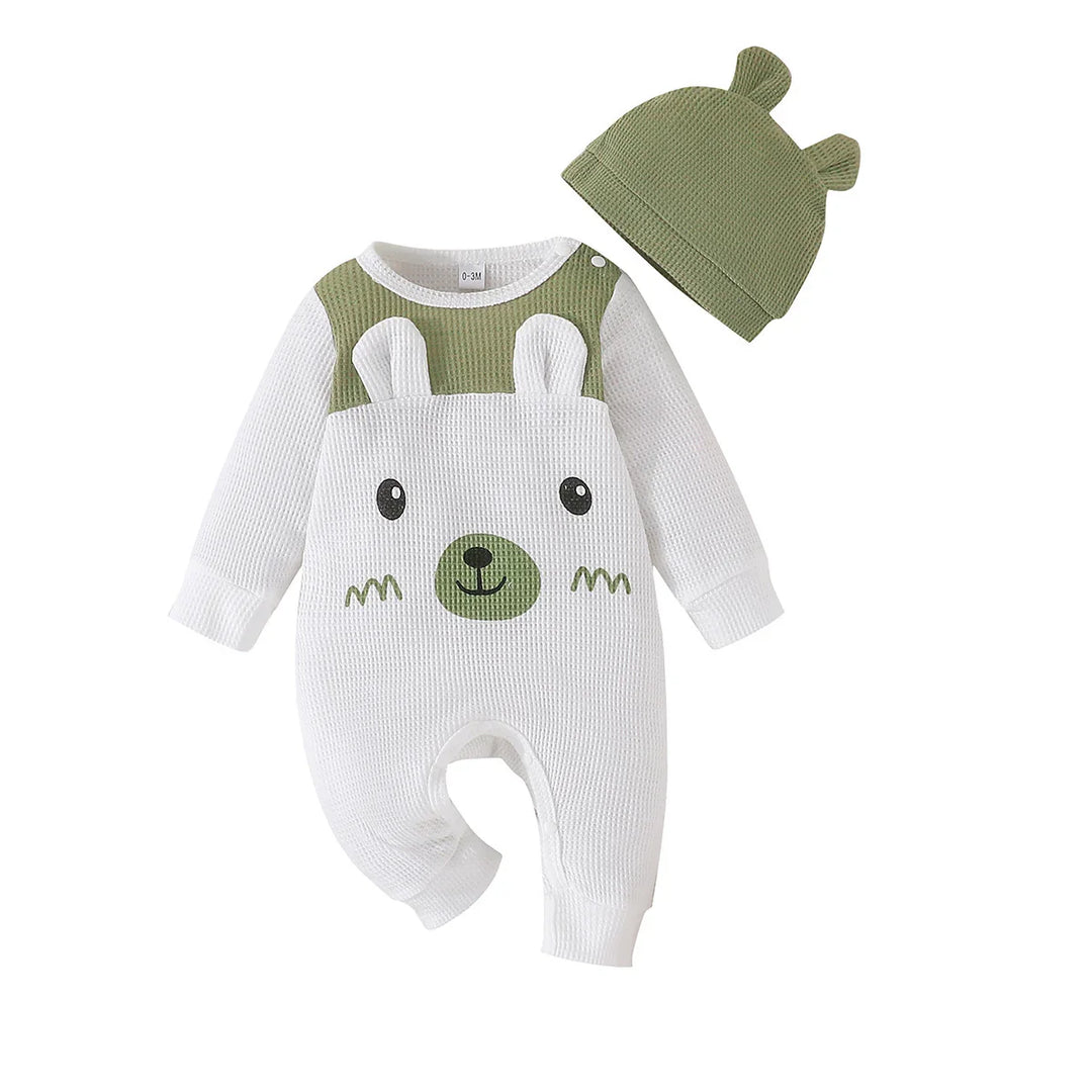 White baby romper with green bear face and ears design, paired with matching green hat with ears