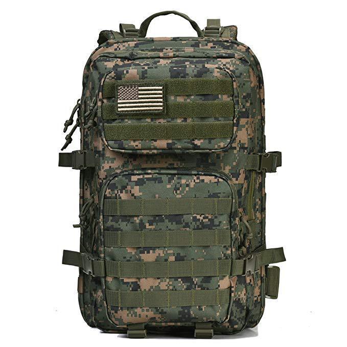 Military tactical backpack in digital camouflage with multiple compartments and an American flag patch