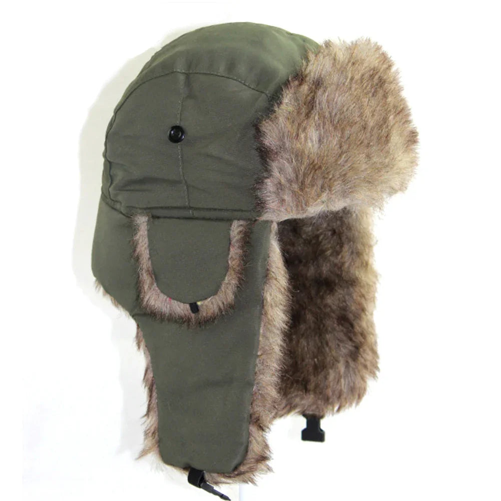 Olive green winter trapper hat with brown faux fur lining and ear flaps