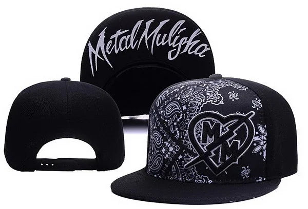 Black snapback hat with white paisley pattern and heart logo, Metal Mulisha embroidered underside