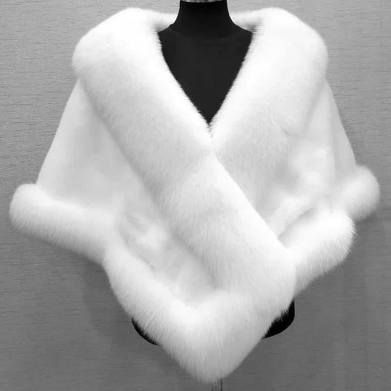 Elegant white fur shawl with plush trim displayed on black mannequin torso