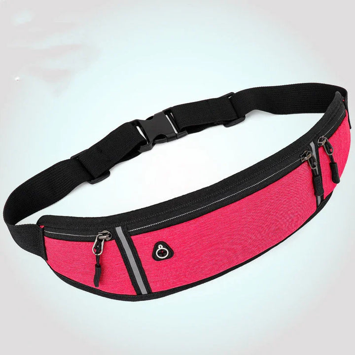 Red and black waist bag with multiple zippered pockets and adjustable black strap