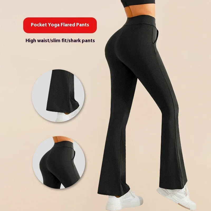 Woman wearing black high waist slim fit pocket yoga flared pants with white sneakers