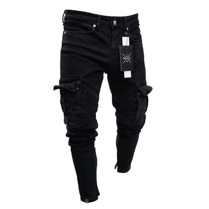 Black slim fit cargo jeans with ribbed knee detailing and front pockets, featuring branded hang tag
