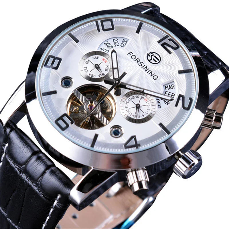 Forsining men's silver mechanical wristwatch with black leather strap, calendar dials, and open balance wheel