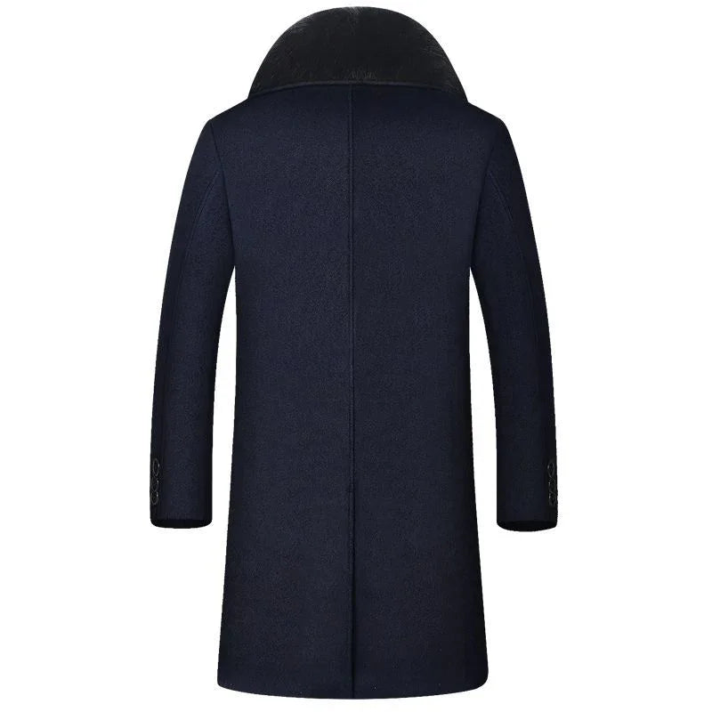 Back view of a navy blue woolen overcoat with a black fur collar and buttoned cuffs