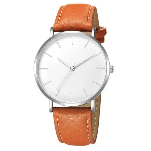Minimalist silver wristwatch with white dial and brown leather strap with stitching