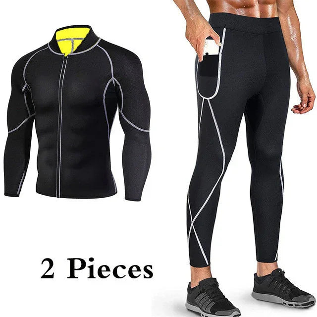 Men's black 2-piece athletic compression set with jacket and leggings with pocket