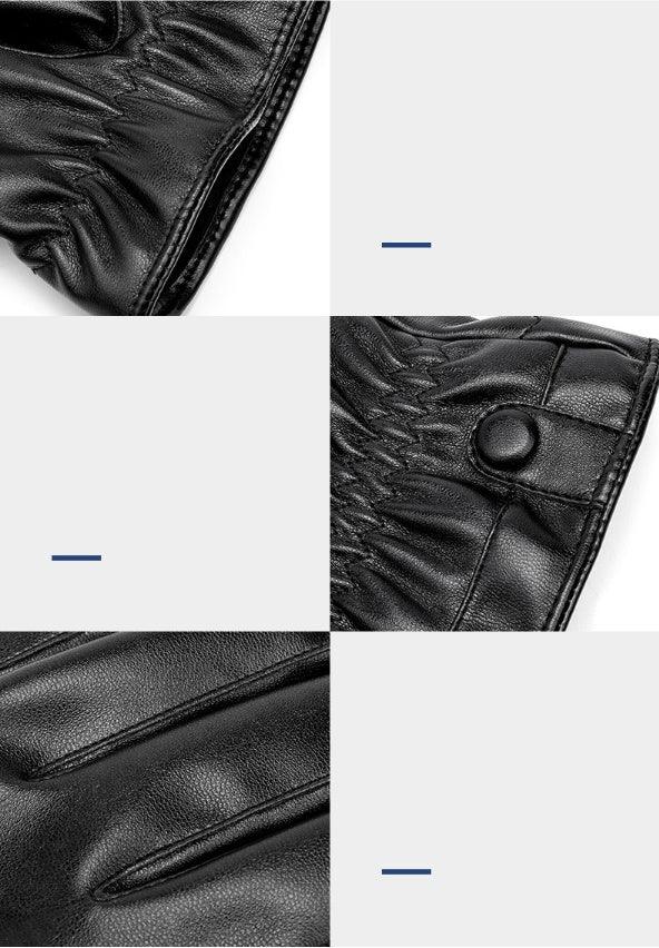 Close-up shots of black leather gloves with gathered detailing and button closure