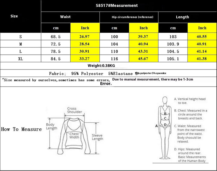 Clothing size chart with waist, hip, length in cm and inches, fabric details, and measurement guide