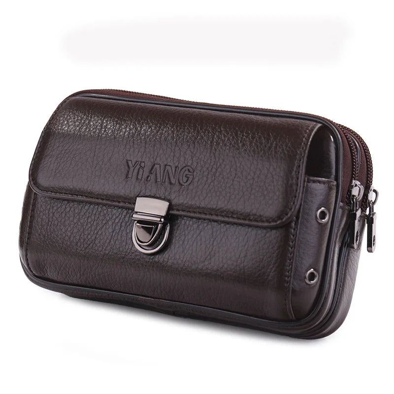 Dark brown leather men's waist pouch belt bag with metal buckle and double zipper