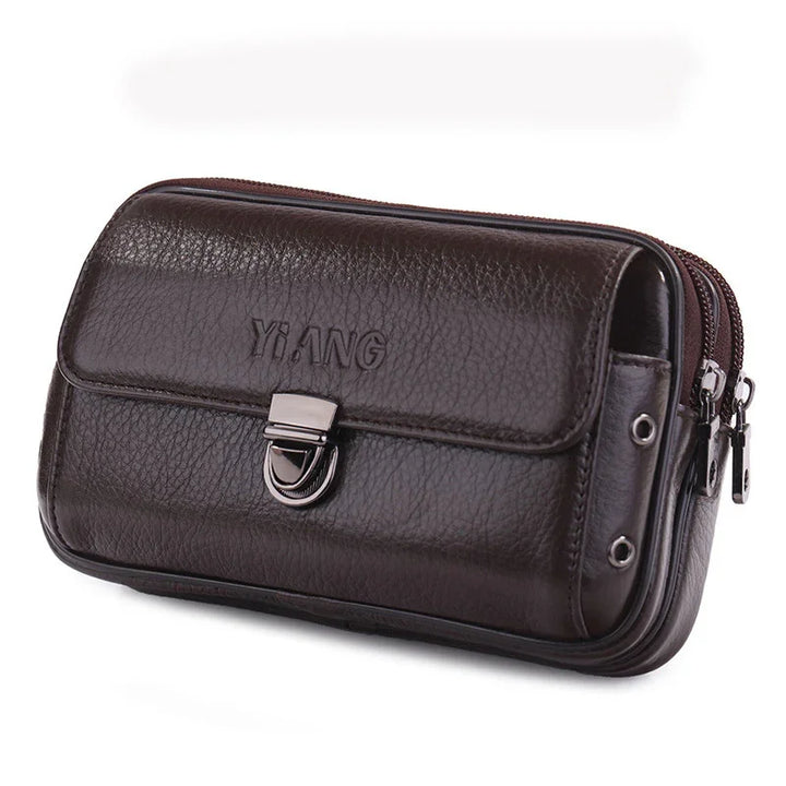 Dark brown leather men's waist pouch belt bag with metal buckle and double zipper