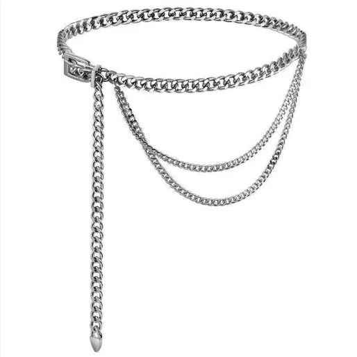 Silver chain belt with layered draped chains and adjustable clasp on white background