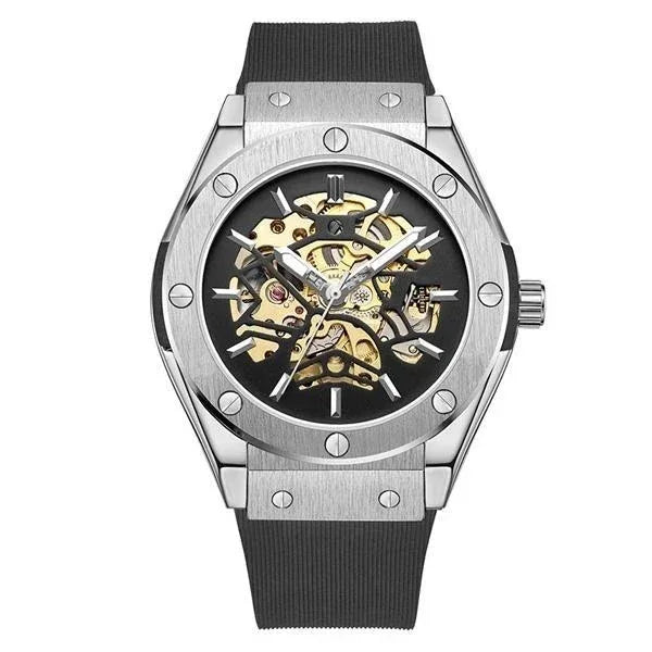 Silver skeleton automatic wristwatch with black rubber strap and exposed golden gears