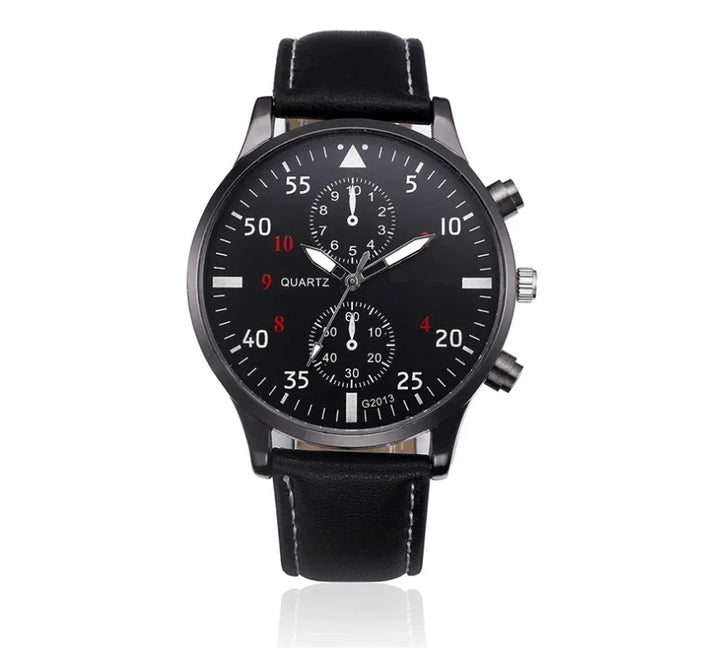 Black quartz wristwatch with black dial, white and red numerals, chronograph subdials, and black leather strap