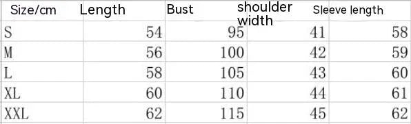 Clothing size chart detailing length, bust, shoulder width, and sleeve length for sizes S to XXL