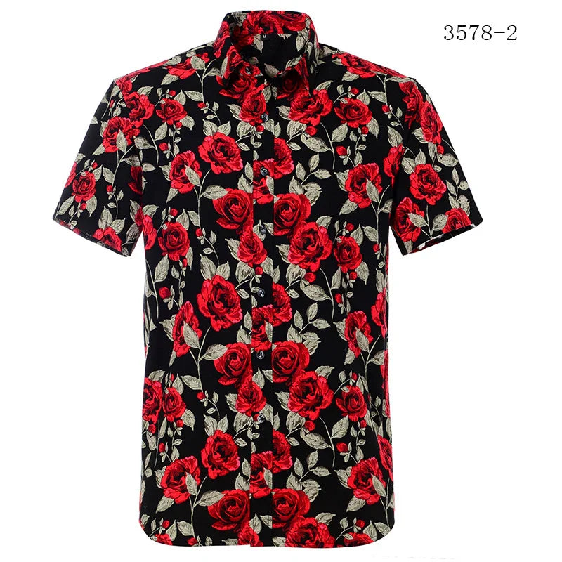 Men's short sleeve black button-up shirt with vibrant red rose floral print and green leaves