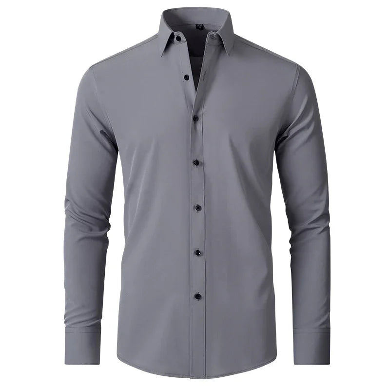 Men's gray long-sleeve dress shirt with black buttons and classic collar on white background