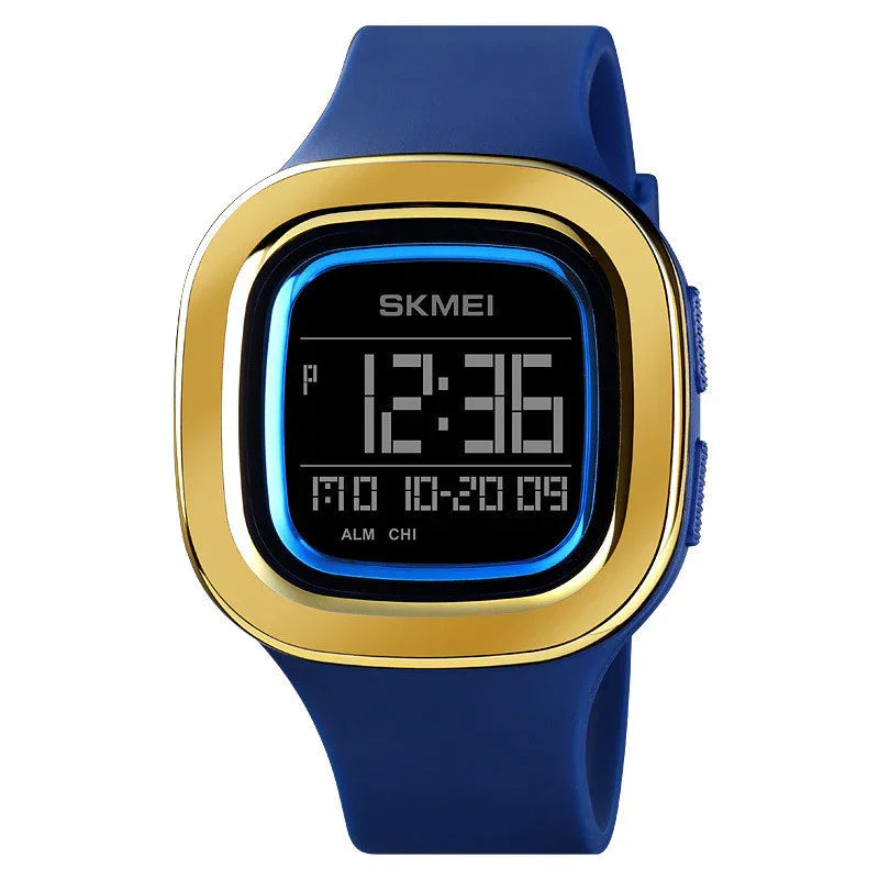 Blue digital wristwatch with gold bezel, SKMEI brand, displaying time, date, and alarm icons