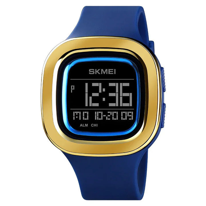Blue digital wristwatch with gold bezel, SKMEI brand, displaying time, date, and alarm icons
