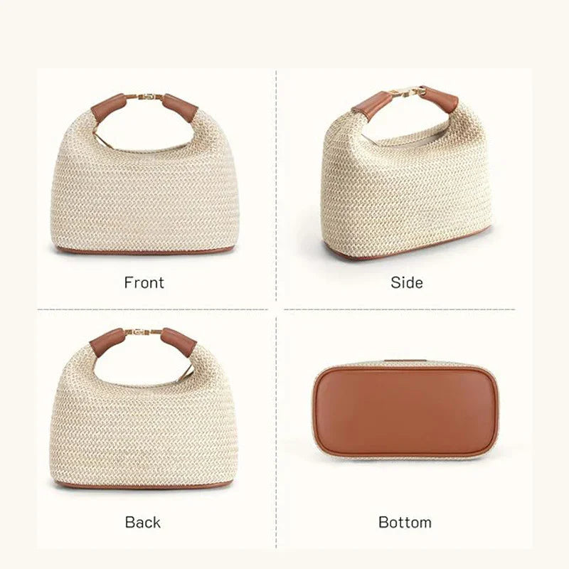 Beige woven handbag with brown leather handle and base shown from front, side, back, and bottom views