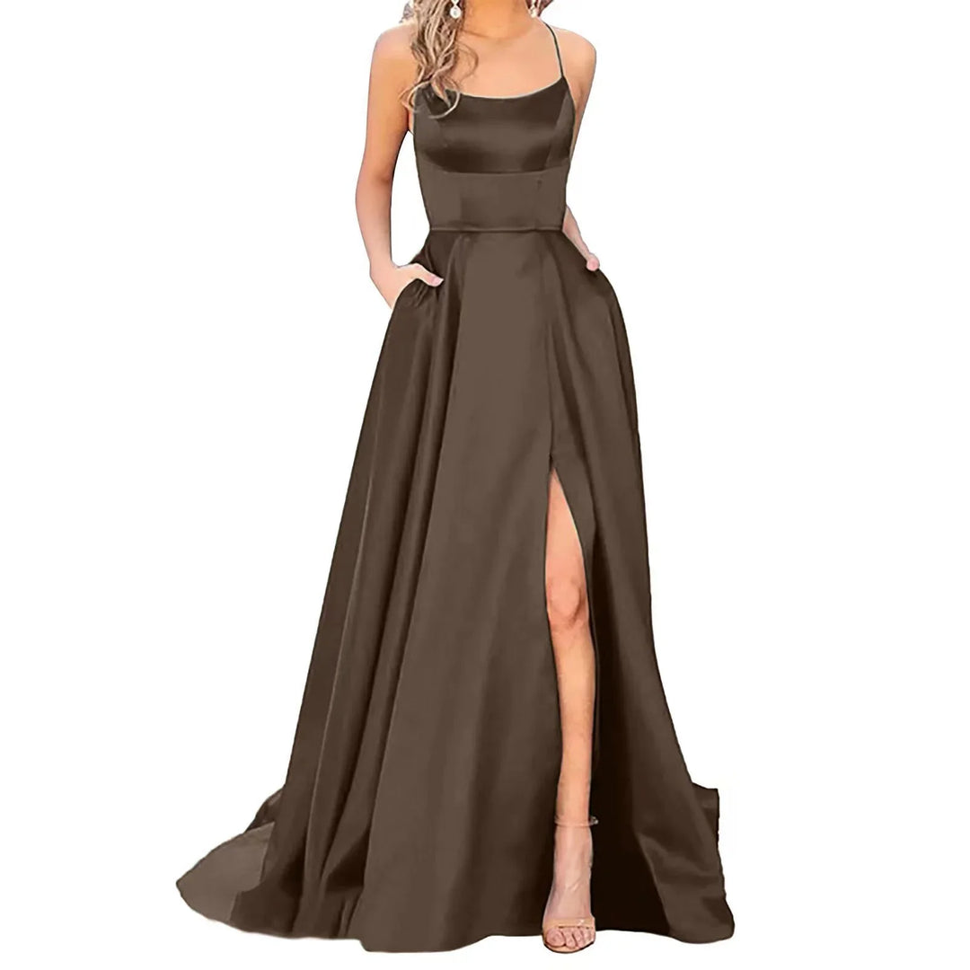 Elegant chocolate brown satin evening gown with spaghetti straps, side slit, and pockets