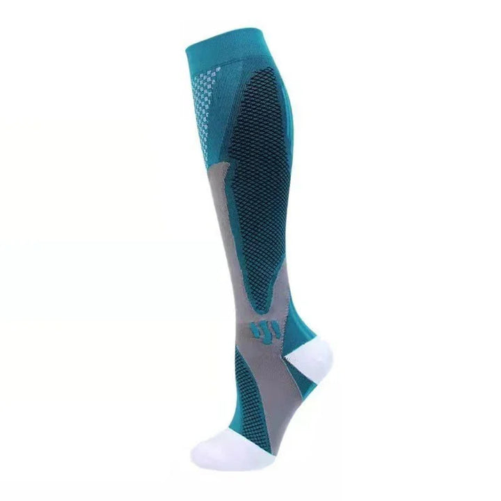 Teal and gray compression sock with white toe and heel, designed for athletic performance