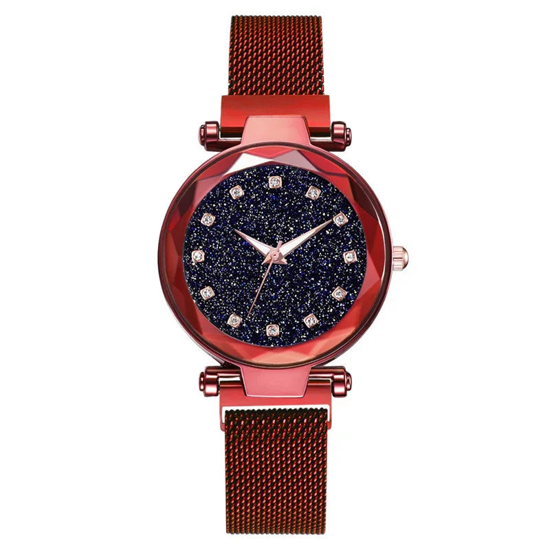 Elegant red wristwatch with sparkling navy blue dial and rhinestone hour markers