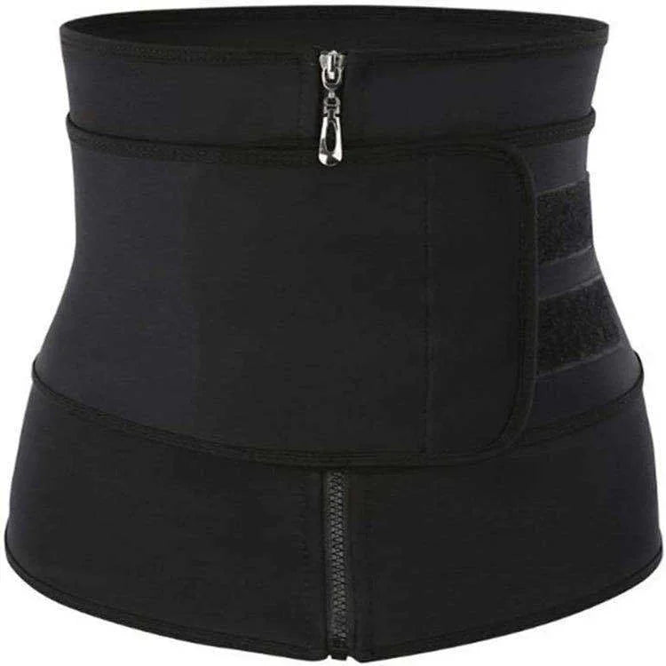 Black waist trainer with front zipper and side velcro strap for slimming and support