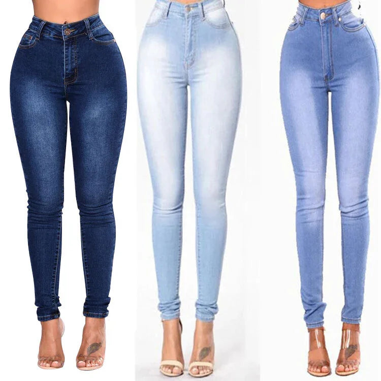 Three pairs of high-waisted skinny jeans in dark blue, light wash, and medium blue denim worn by models