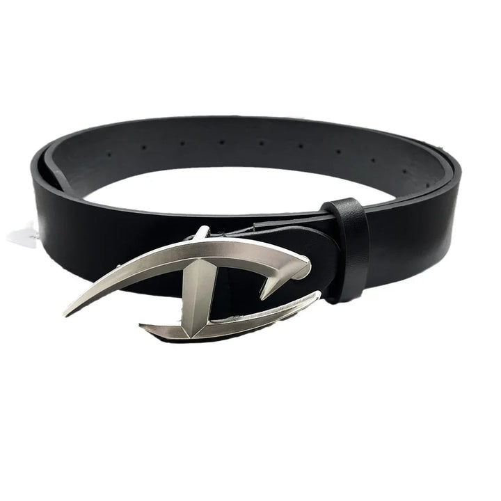 Stylish black leather belt with unique silver geometric buckle on white background