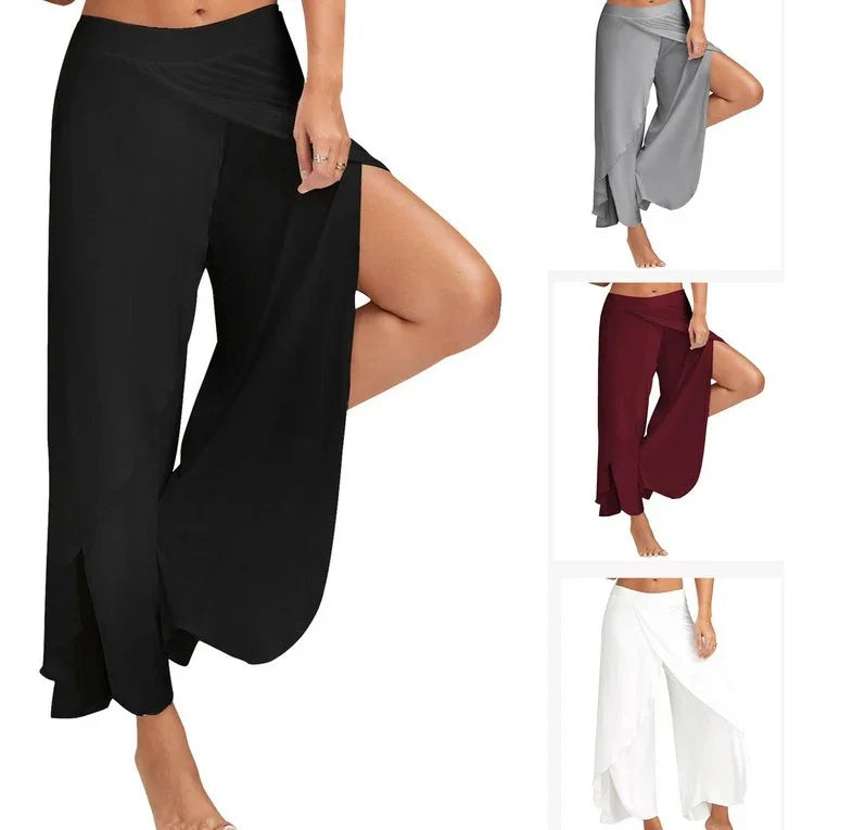 Women wearing flowy split pants in black, gray, maroon, and white, suitable for yoga or casual wear