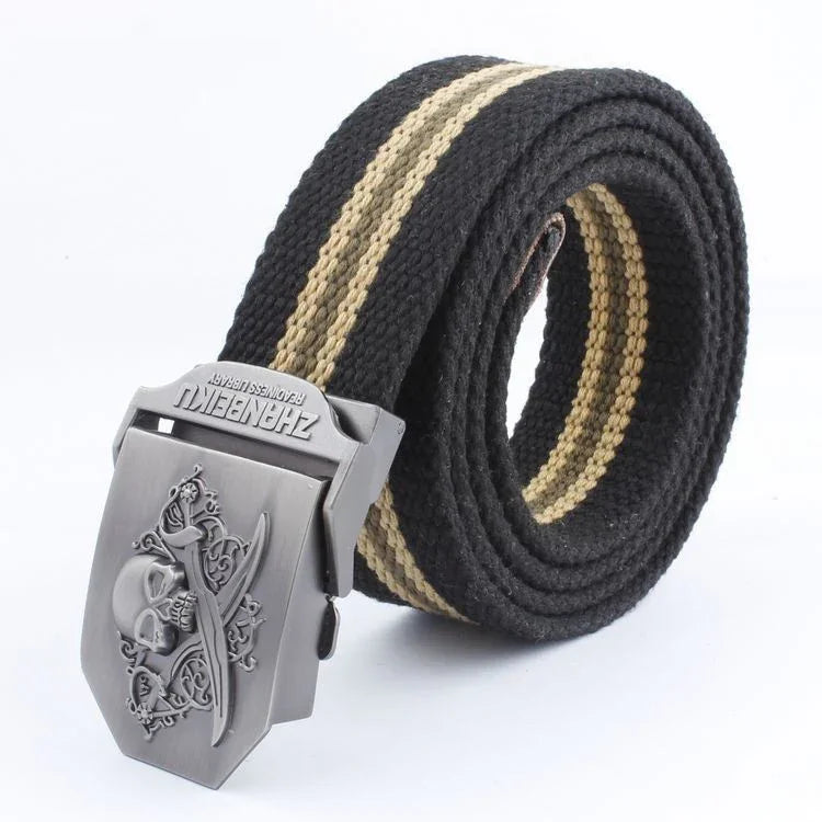 Black and beige striped canvas belt with metal buckle featuring skull and crossed swords design